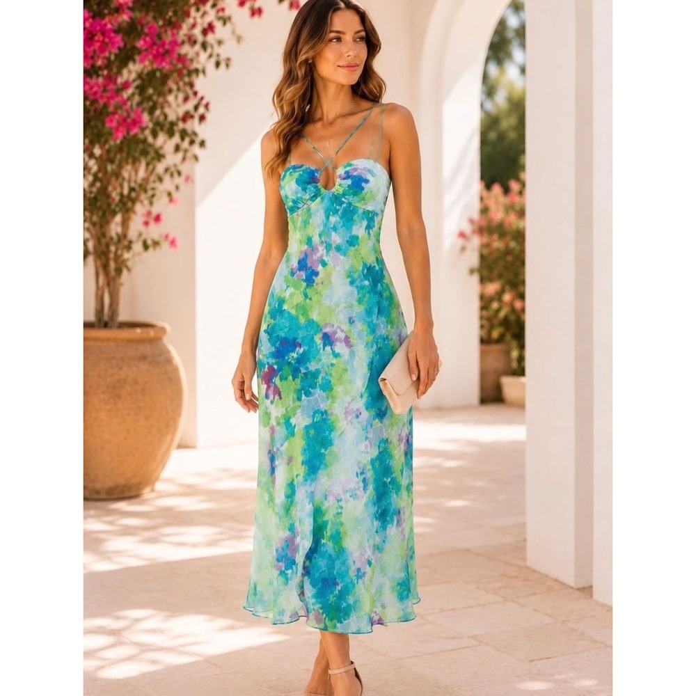 Morgan & Co Dress Womens 13 Blue‎ Watercolor Floral Midi Keyhole Tie Back 40021